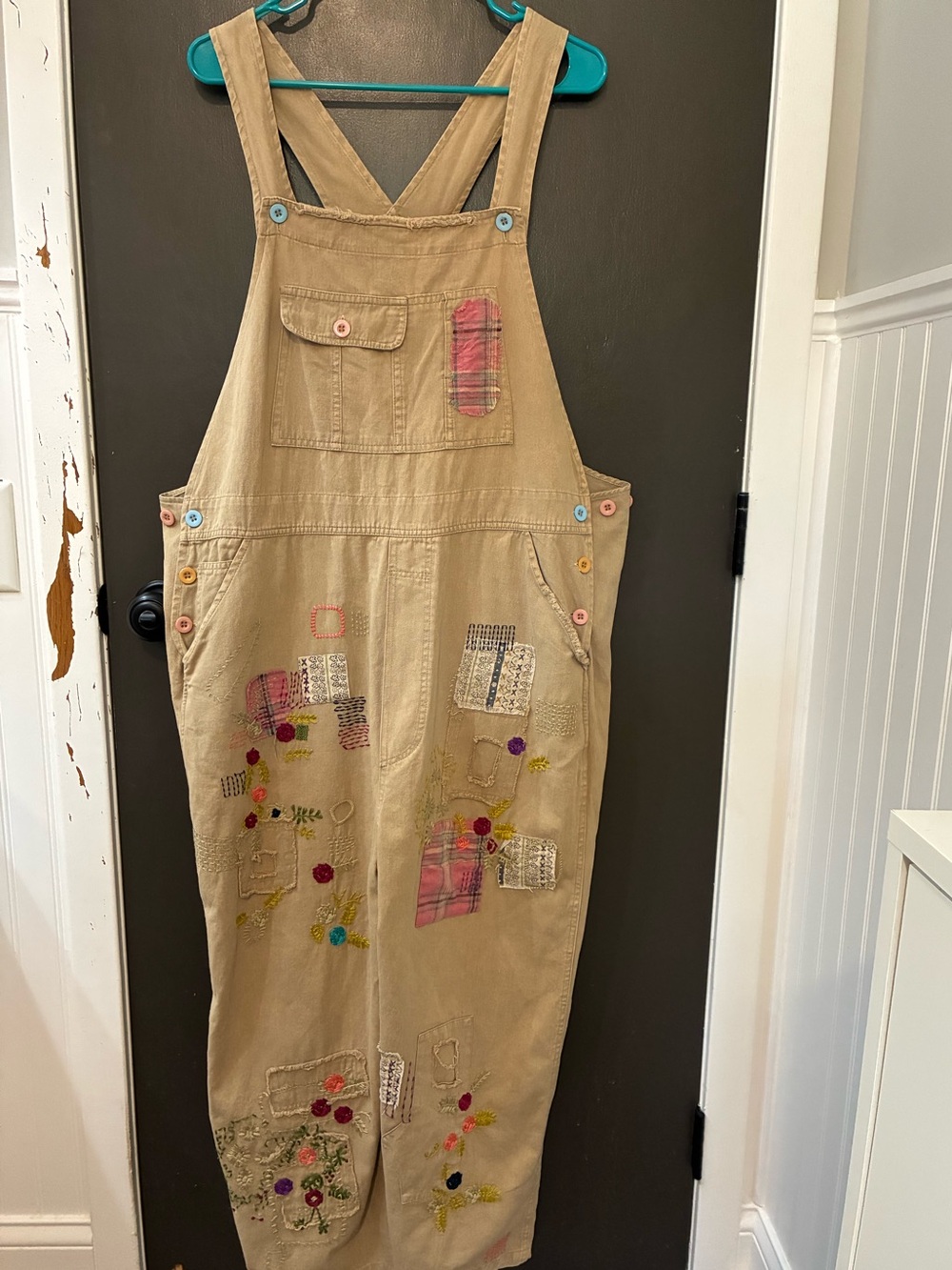AMAZINE Embroidered Khaki Colored Patchwork Cotton Overalls! Cute as heck!!